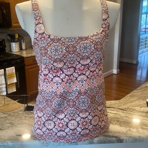 Lands' End peach white & navy Geometric square neckline Tankini top size 6
